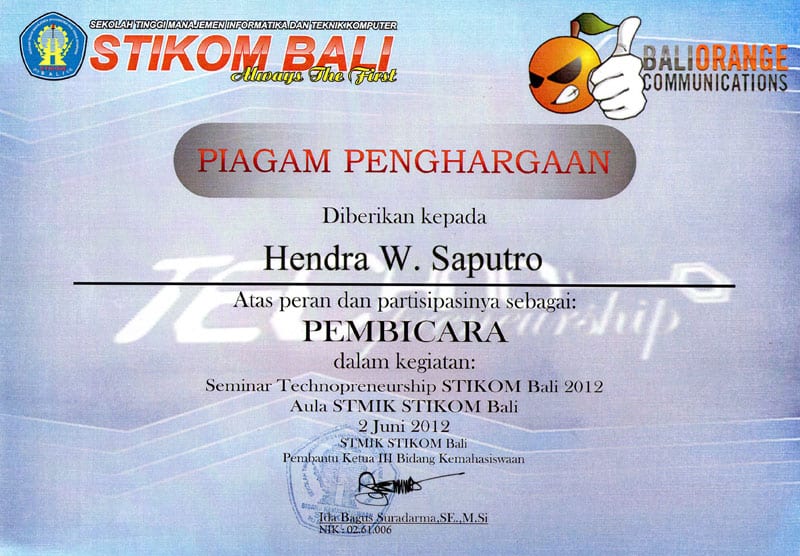 Penghargaan untuk Bali Orange Communications